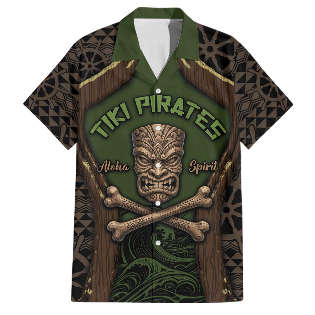 Personalised Hawaii Tiki Pirates Family Matching Off The Shoulder Long Sleeve Dress and Hawaiian Shirt Kakau Pattern Polynesian Style DT05 Dad's Shirt - Short Sleeve Green - Polynesian Pride