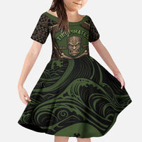Personalised Hawaii Tiki Pirates Family Matching Off Shoulder Maxi Dress and Hawaiian Shirt Kakau Pattern Polynesian Style DT05 Daughter's Dress Green - Polynesian Pride