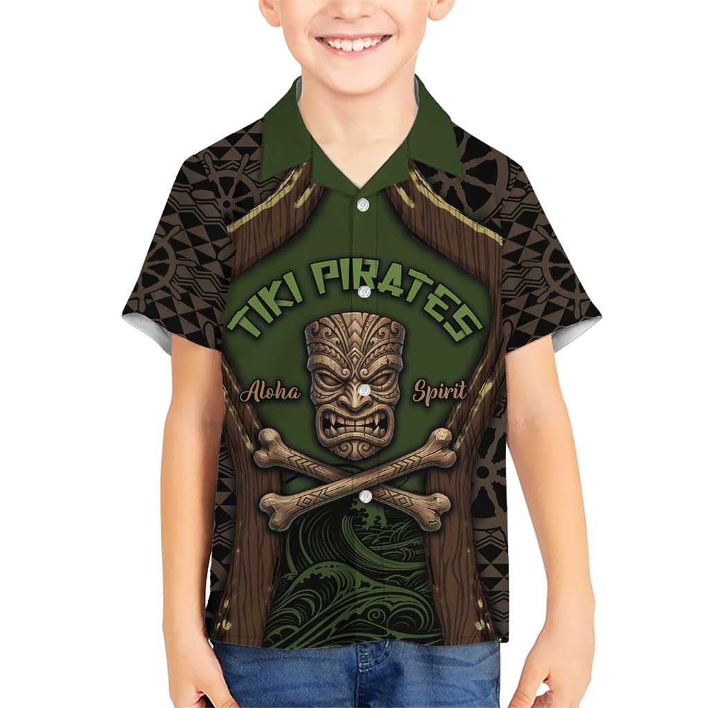 Personalised Hawaii Tiki Pirates Family Matching Off Shoulder Maxi Dress and Hawaiian Shirt Kakau Pattern Polynesian Style DT05 Son's Shirt Green - Polynesian Pride