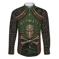 Personalised Hawaii Tiki Pirates Family Matching Off Shoulder Short Dress and Hawaiian Shirt Kakau Pattern Polynesian Style DT05 Dad's Shirt - Long Sleeve Green - Polynesian Pride