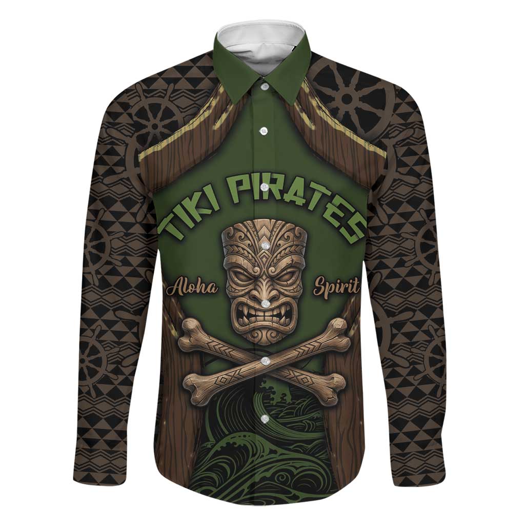 Personalised Hawaii Tiki Pirates Family Matching Tank Maxi Dress and Hawaiian Shirt Kakau Pattern Polynesian Style DT05 Dad's Shirt - Long Sleeve Green - Polynesian Pride