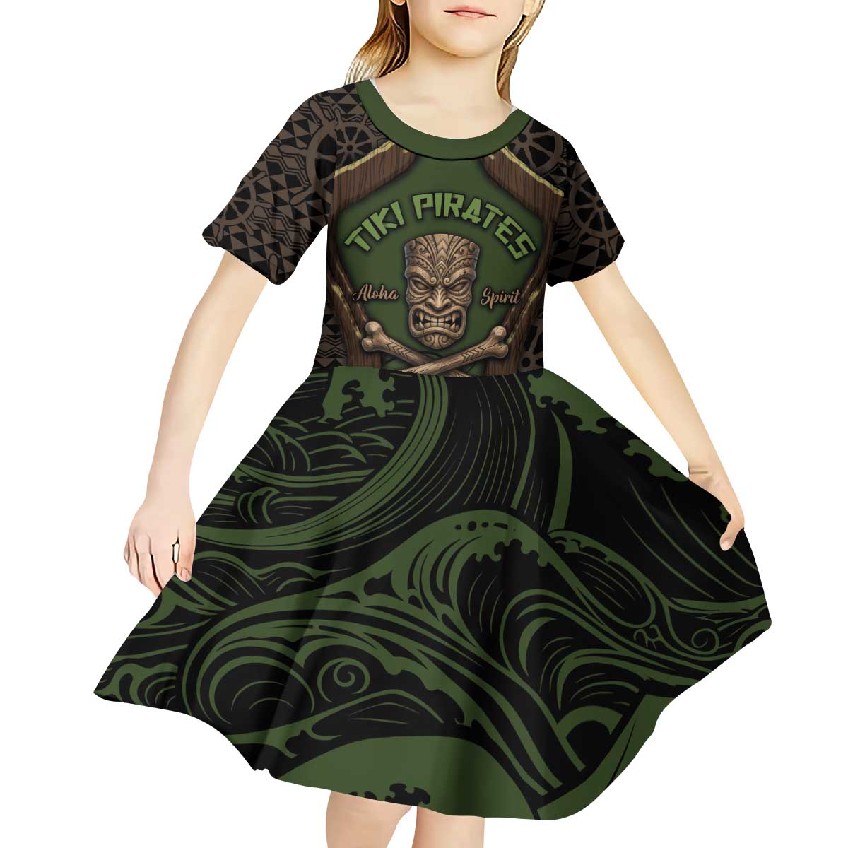 Personalised Hawaii Tiki Pirates Kid Short Sleeve Dress Kakau Pattern Polynesian Style