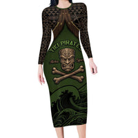 Personalised Hawaii Tiki Pirates Long Sleeve Bodycon Dress Kakau Pattern Polynesian Style DT05 Long Dress Green - Polynesian Pride