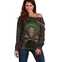 Personalised Hawaii Tiki Pirates Off Shoulder Sweater Kakau Pattern Polynesian Style