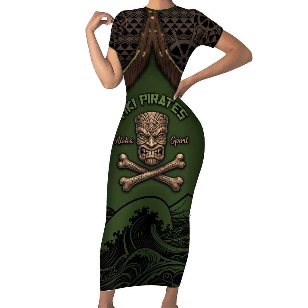 Personalised Hawaii Tiki Pirates Short Sleeve Bodycon Dress Kakau Pattern Polynesian Style DT05 Long Dress Green - Polynesian Pride