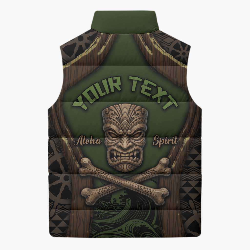 Personalised Hawaii Tiki Pirates Sleeveless Puffer Jacket Kakau Pattern Polynesian Style
