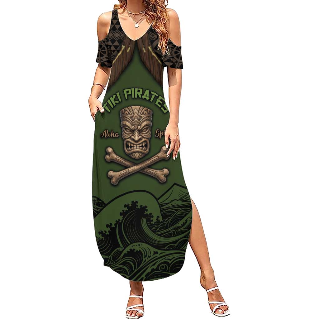 Personalised Hawaii Tiki Pirates Summer Maxi Dress Kakau Pattern Polynesian Style DT05 Women Green - Polynesian Pride