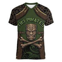 Personalised Hawaii Tiki Pirates Women V-Neck T-Shirt Kakau Pattern Polynesian Style DT05 Female Green - Polynesian Pride