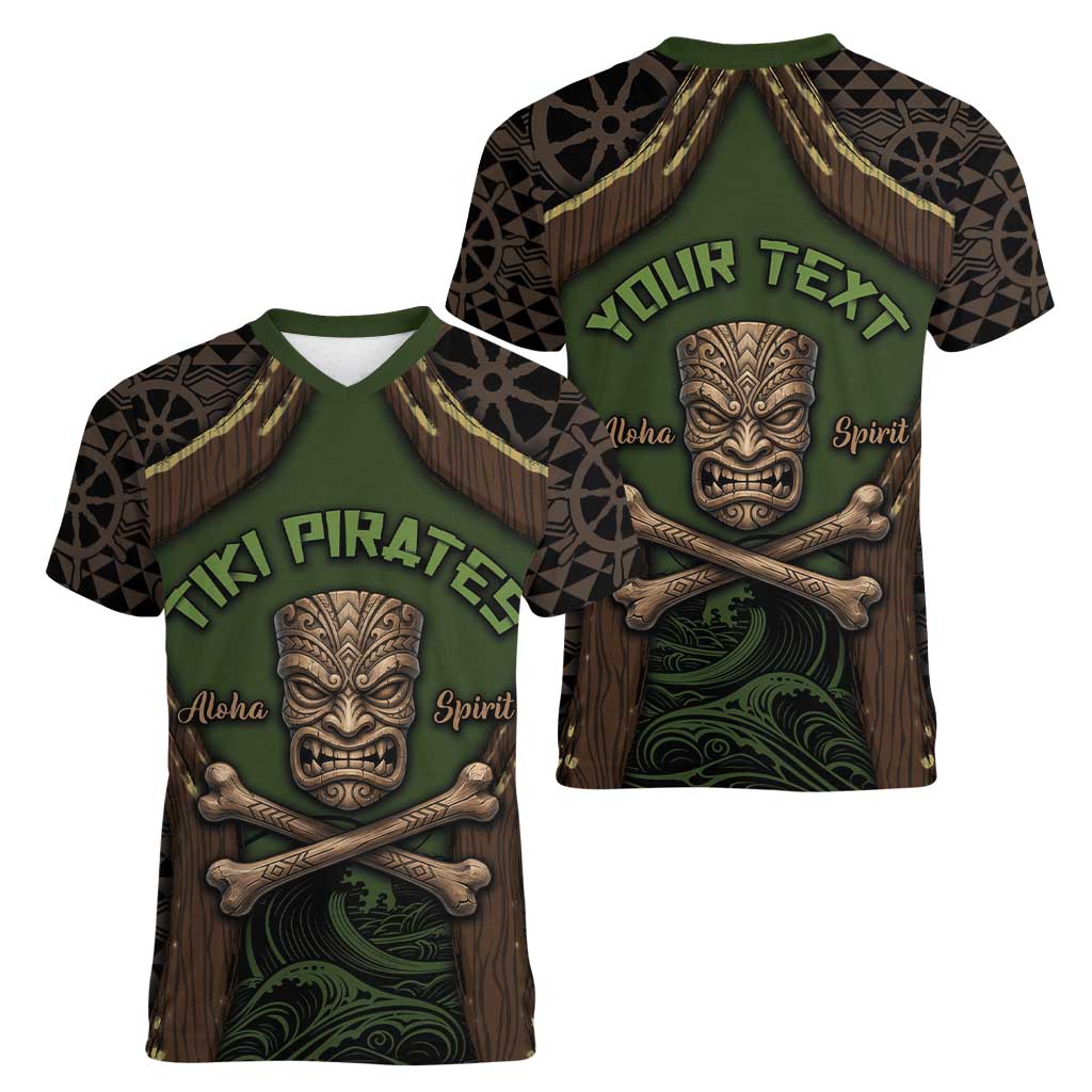 Personalised Hawaii Tiki Pirates Women V-Neck T-Shirt Kakau Pattern Polynesian Style DT05 - Polynesian Pride
