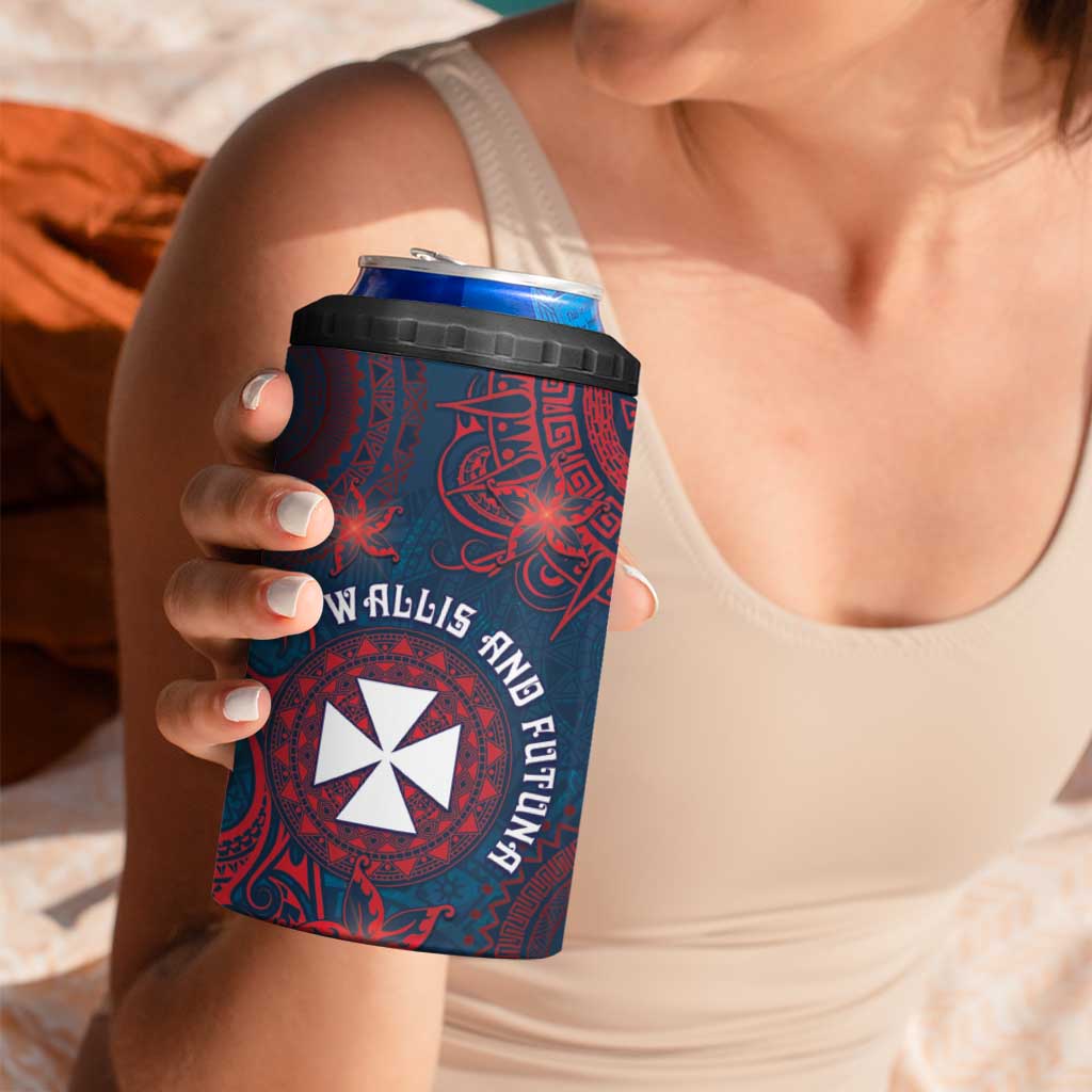 Personalised Wallis And Futuna 4 in 1 Can Cooler Tumbler Hibiscus Polynesian Tribal Pattern