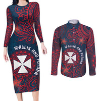 Personalised Wallis And Futuna Couples Matching Long Sleeve Bodycon Dress and Long Sleeve Button Shirt Hibiscus Polynesian Tribal Pattern DT05 Navy - Polynesian Pride
