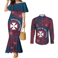 Personalised Wallis And Futuna Couples Matching Mermaid Dress and Long Sleeve Button Shirt Hibiscus Polynesian Tribal Pattern DT05 Navy - Polynesian Pride