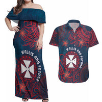 Personalised Wallis And Futuna Couples Matching Off Shoulder Maxi Dress and Hawaiian Shirt Hibiscus Polynesian Tribal Pattern DT05 Navy - Polynesian Pride