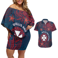 Personalised Wallis And Futuna Couples Matching Off Shoulder Short Dress and Hawaiian Shirt Hibiscus Polynesian Tribal Pattern DT05 Navy - Polynesian Pride