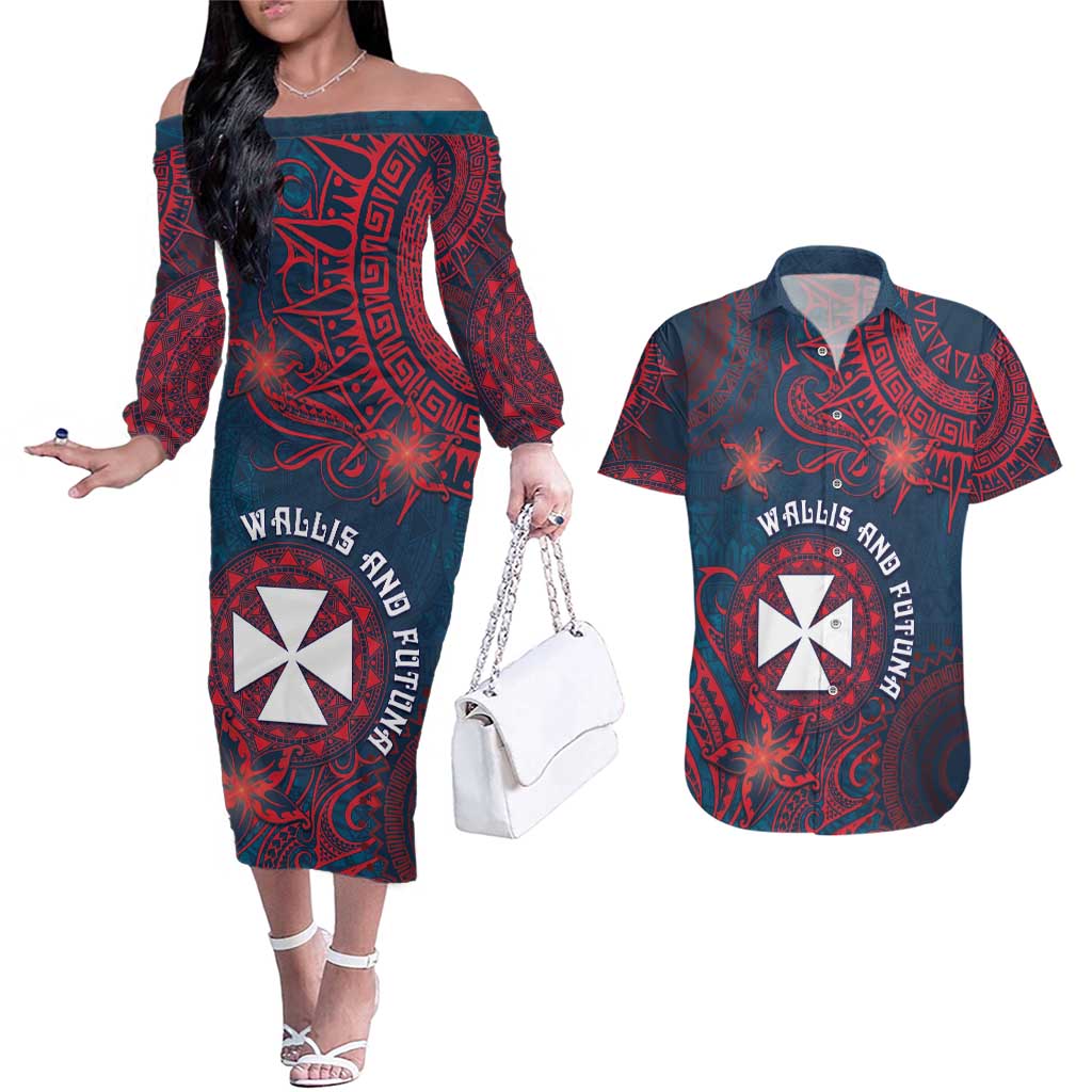 Personalised Wallis And Futuna Couples Matching Off The Shoulder Long Sleeve Dress and Hawaiian Shirt Hibiscus Polynesian Tribal Pattern DT05 Navy - Polynesian Pride