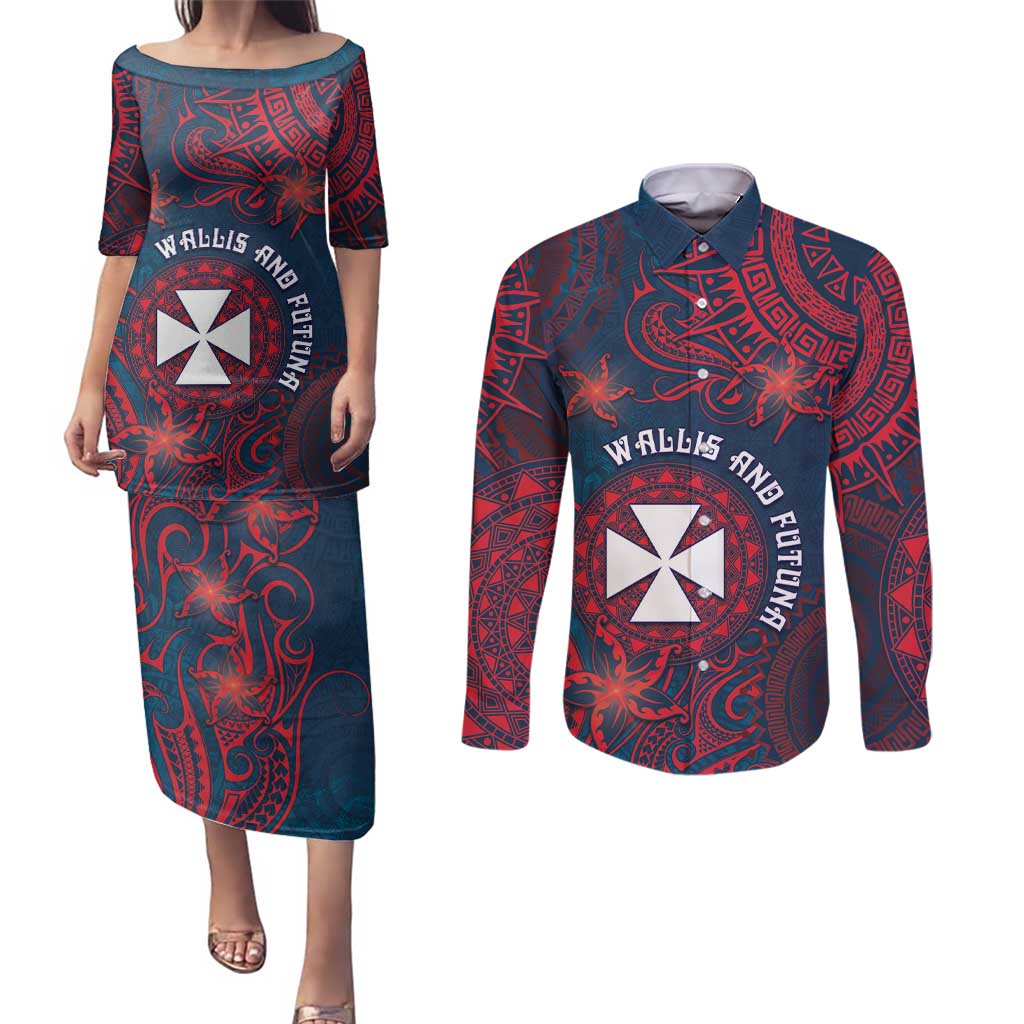 Personalised Wallis And Futuna Couples Matching Puletasi and Long Sleeve Button Shirt Hibiscus Polynesian Tribal Pattern