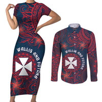 Personalised Wallis And Futuna Couples Matching Short Sleeve Bodycon Dress and Long Sleeve Button Shirt Hibiscus Polynesian Tribal Pattern DT05 Navy - Polynesian Pride