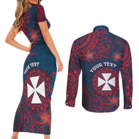 Personalised Wallis And Futuna Couples Matching Short Sleeve Bodycon Dress and Long Sleeve Button Shirt Hibiscus Polynesian Tribal Pattern DT05 - Polynesian Pride
