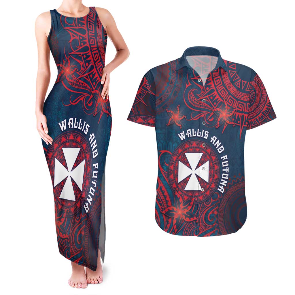 Personalised Wallis And Futuna Couples Matching Tank Maxi Dress and Hawaiian Shirt Hibiscus Polynesian Tribal Pattern DT05 Navy - Polynesian Pride