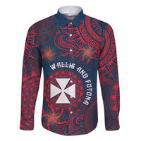 Personalised Wallis And Futuna Family Matching Long Sleeve Bodycon Dress and Hawaiian Shirt Hibiscus Polynesian Tribal Pattern DT05 Dad's Shirt - Long Sleeve Navy - Polynesian Pride
