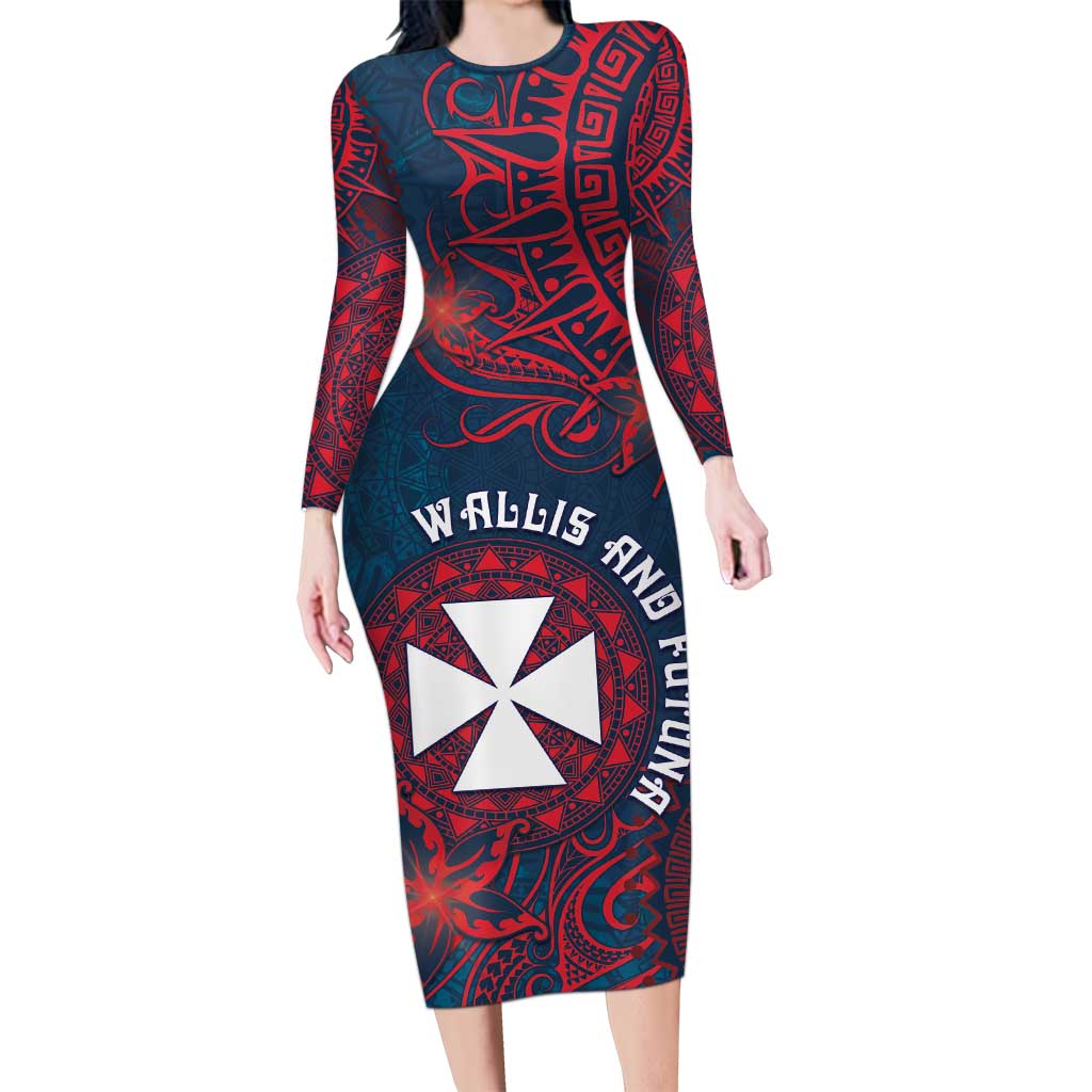 Personalised Wallis And Futuna Family Matching Long Sleeve Bodycon Dress and Hawaiian Shirt Hibiscus Polynesian Tribal Pattern DT05 Mom's Dress Navy - Polynesian Pride