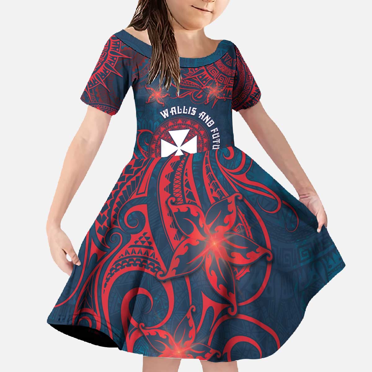 Personalised Wallis And Futuna Family Matching Off The Shoulder Long Sleeve Dress and Hawaiian Shirt Hibiscus Polynesian Tribal Pattern DT05 Daughter's Dress Navy - Polynesian Pride
