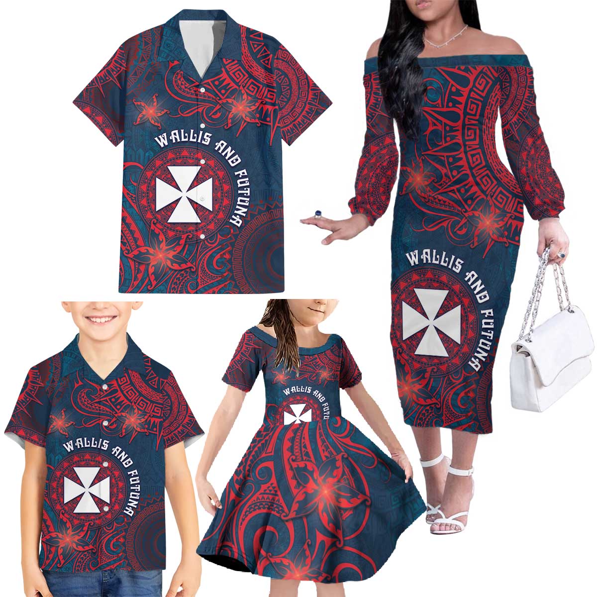 Personalised Wallis And Futuna Family Matching Off The Shoulder Long Sleeve Dress and Hawaiian Shirt Hibiscus Polynesian Tribal Pattern DT05 - Polynesian Pride