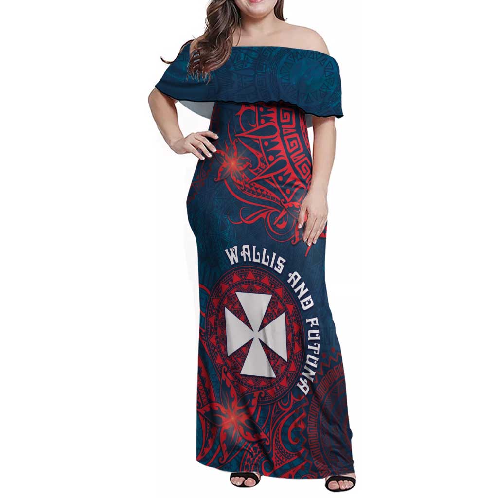 Personalised Wallis And Futuna Family Matching Off Shoulder Maxi Dress and Hawaiian Shirt Hibiscus Polynesian Tribal Pattern DT05 Mom's Dress Navy - Polynesian Pride