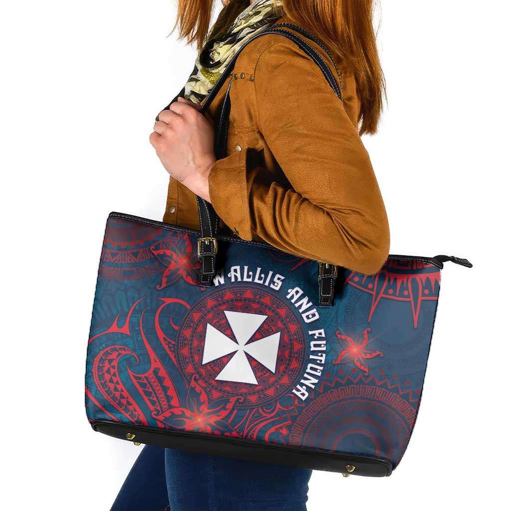 Wallis And Futuna Leather Tote Bag Hibiscus Polynesian Tribal Pattern