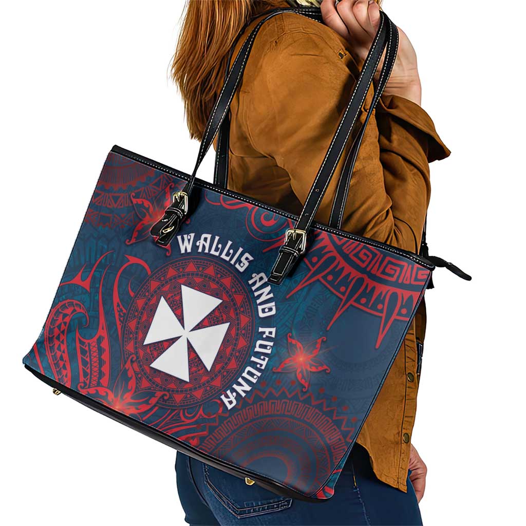 Wallis And Futuna Leather Tote Bag Hibiscus Polynesian Tribal Pattern DT05 - Polynesian Pride