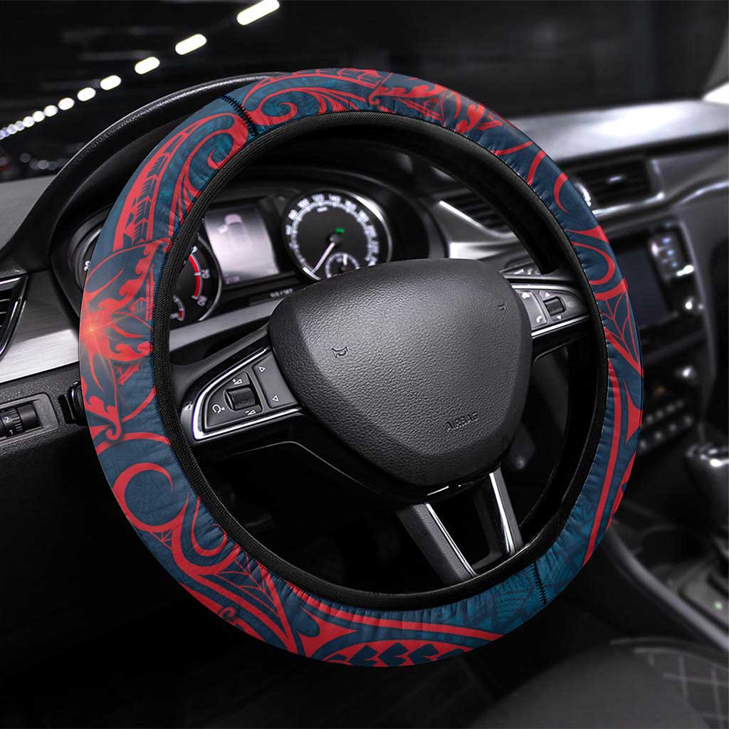 Wallis And Futuna Steering Wheel Cover Hibiscus Polynesian Tribal Pattern DT05 Universal Fit Navy - Polynesian Pride
