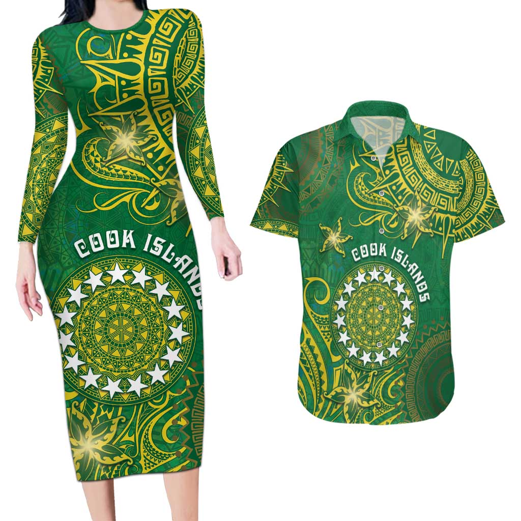Personalised Cook Islands Couples Matching Long Sleeve Bodycon Dress and Hawaiian Shirt Hibiscus Polynesian Tribal Pattern DT05 Green - Polynesian Pride