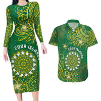 Personalised Cook Islands Couples Matching Long Sleeve Bodycon Dress and Hawaiian Shirt Hibiscus Polynesian Tribal Pattern DT05 Green - Polynesian Pride