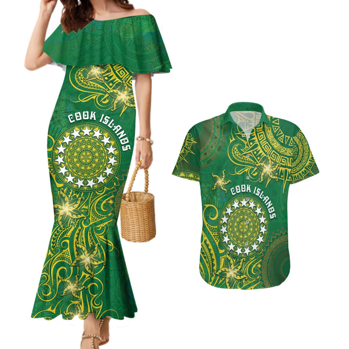 Personalised Cook Islands Couples Matching Mermaid Dress and Hawaiian Shirt Hibiscus Polynesian Tribal Pattern DT05 Green - Polynesian Pride