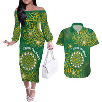 Personalised Cook Islands Couples Matching Off The Shoulder Long Sleeve Dress and Hawaiian Shirt Hibiscus Polynesian Tribal Pattern DT05 Green - Polynesian Pride