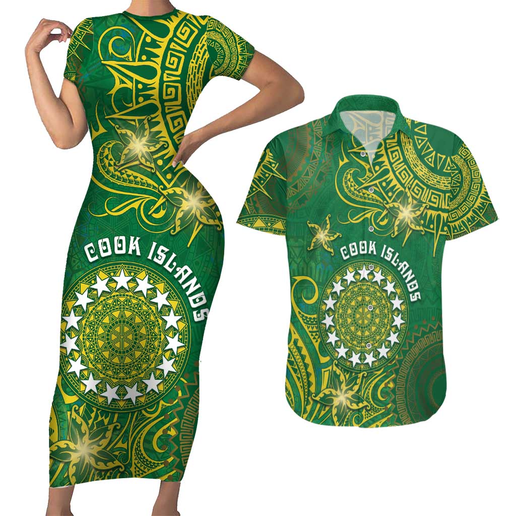 Personalised Cook Islands Couples Matching Short Sleeve Bodycon Dress and Hawaiian Shirt Hibiscus Polynesian Tribal Pattern DT05 Green - Polynesian Pride