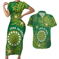 Personalised Cook Islands Couples Matching Short Sleeve Bodycon Dress and Hawaiian Shirt Hibiscus Polynesian Tribal Pattern DT05 Green - Polynesian Pride