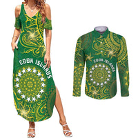 Personalised Cook Islands Couples Matching Summer Maxi Dress and Long Sleeve Button Shirt Hibiscus Polynesian Tribal Pattern DT05 Green - Polynesian Pride