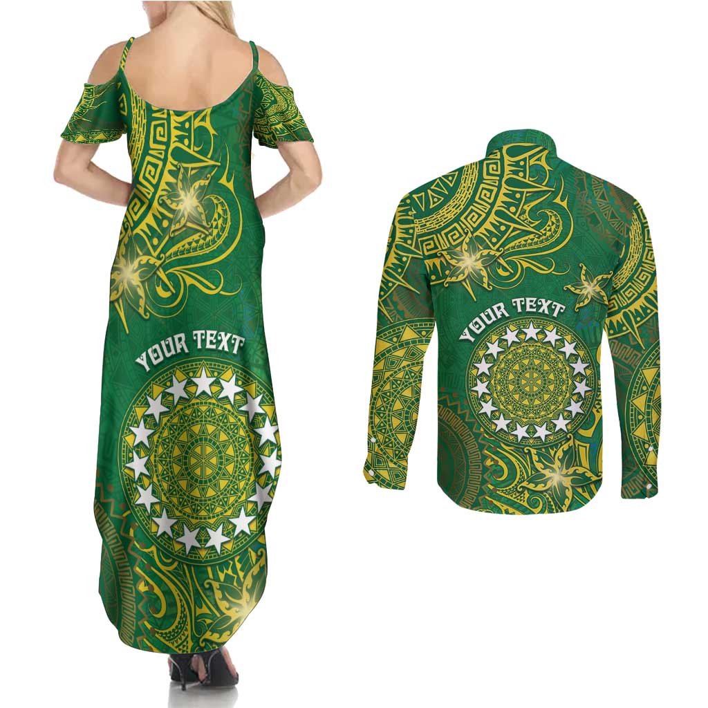 Personalised Cook Islands Couples Matching Summer Maxi Dress and Long Sleeve Button Shirt Hibiscus Polynesian Tribal Pattern DT05 - Polynesian Pride