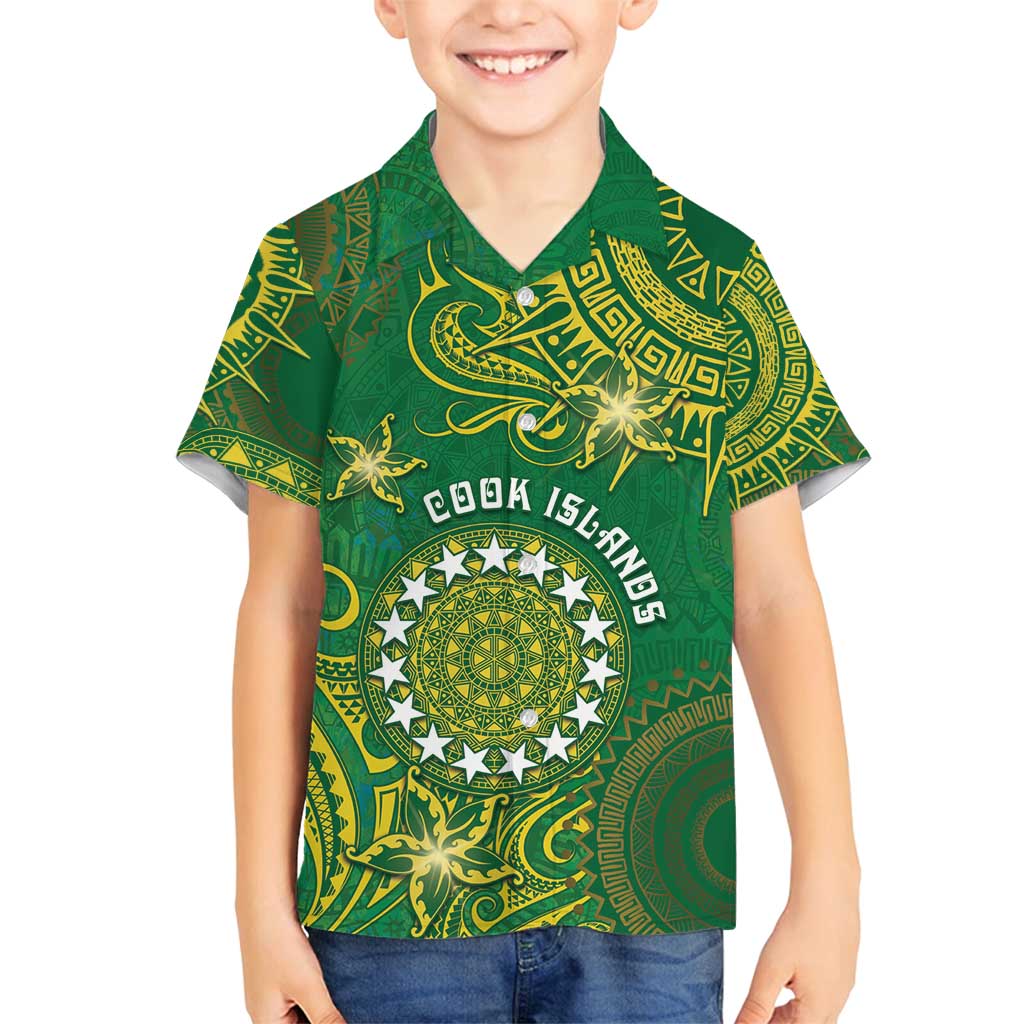 Personalised Cook Islands Family Matching Long Sleeve Bodycon Dress and Hawaiian Shirt Hibiscus Polynesian Tribal Pattern DT05 Son's Shirt Green - Polynesian Pride