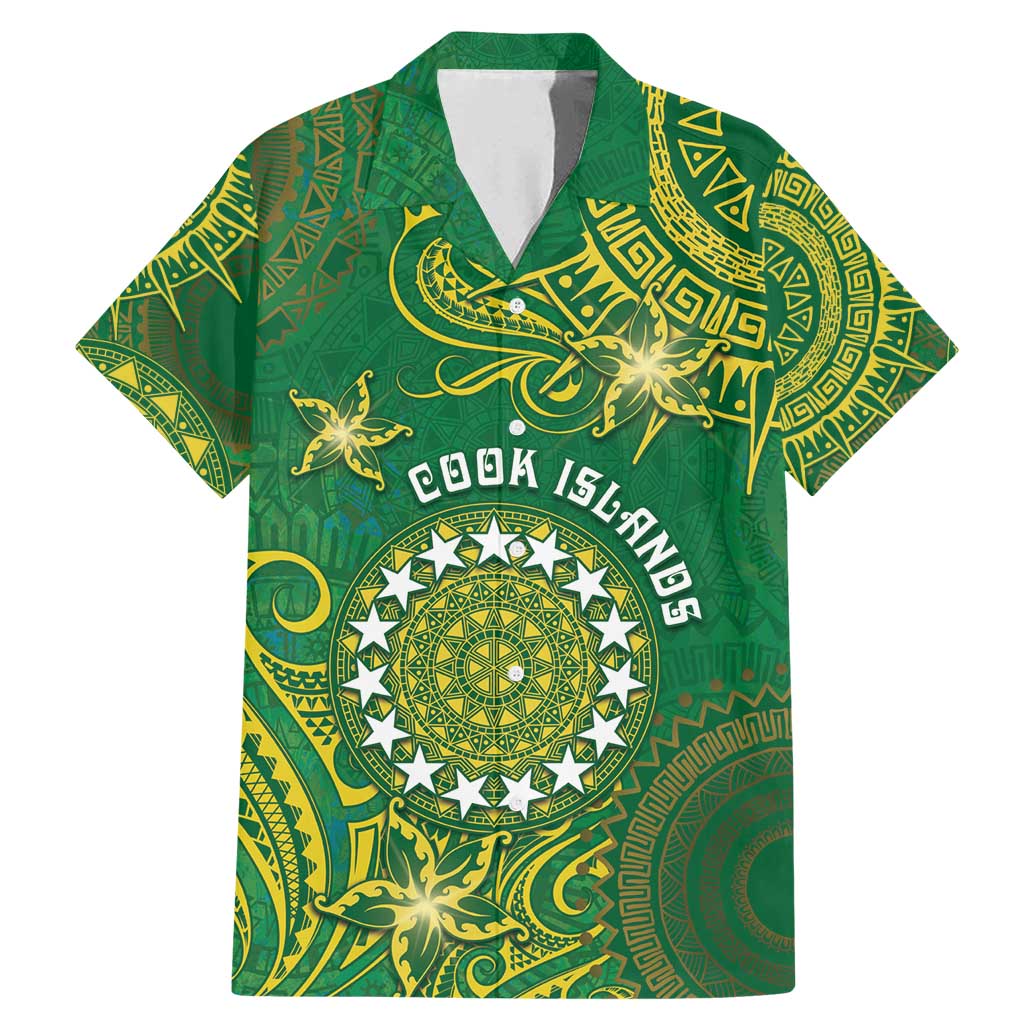 Personalised Cook Islands Family Matching Mermaid Dress and Hawaiian Shirt Hibiscus Polynesian Tribal Pattern DT05 Dad's Shirt - Short Sleeve Green - Polynesian Pride
