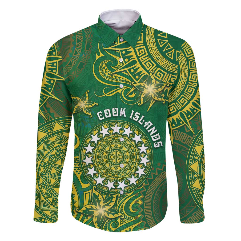 Personalised Cook Islands Family Matching Mermaid Dress and Hawaiian Shirt Hibiscus Polynesian Tribal Pattern DT05 Dad's Shirt - Long Sleeve Green - Polynesian Pride