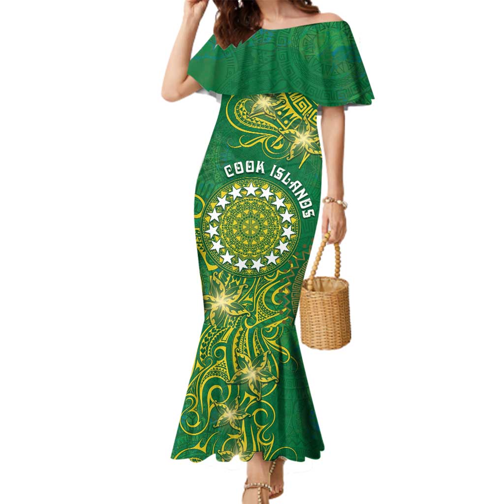 Personalised Cook Islands Family Matching Mermaid Dress and Hawaiian Shirt Hibiscus Polynesian Tribal Pattern DT05 Mom's Dress Green - Polynesian Pride
