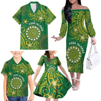 Personalised Cook Islands Family Matching Off The Shoulder Long Sleeve Dress and Hawaiian Shirt Hibiscus Polynesian Tribal Pattern DT05 - Polynesian Pride