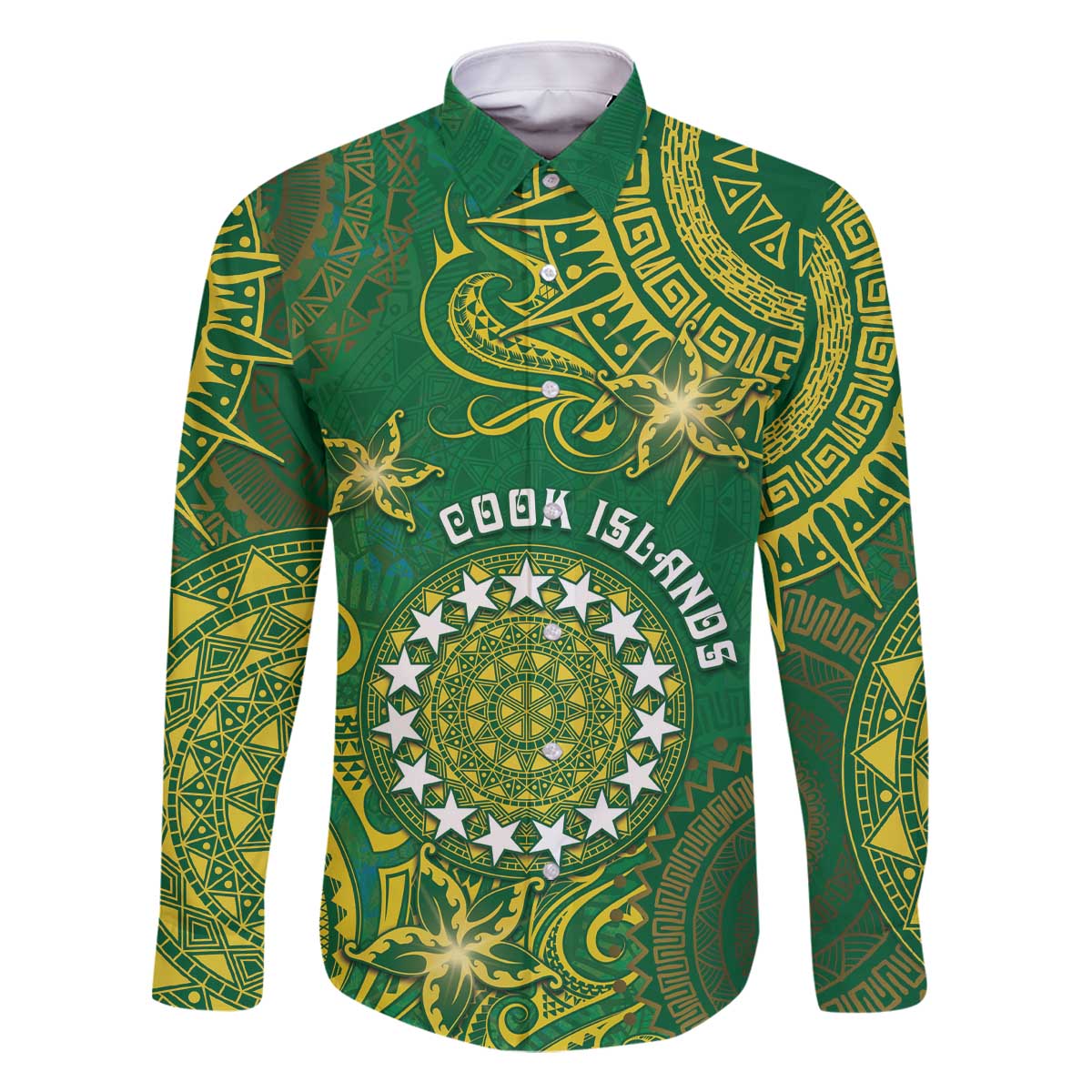 Personalised Cook Islands Family Matching Off The Shoulder Long Sleeve Dress and Hawaiian Shirt Hibiscus Polynesian Tribal Pattern DT05 Dad's Shirt - Long Sleeve Green - Polynesian Pride