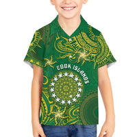 Personalised Cook Islands Family Matching Off The Shoulder Long Sleeve Dress and Hawaiian Shirt Hibiscus Polynesian Tribal Pattern DT05 Son's Shirt Green - Polynesian Pride