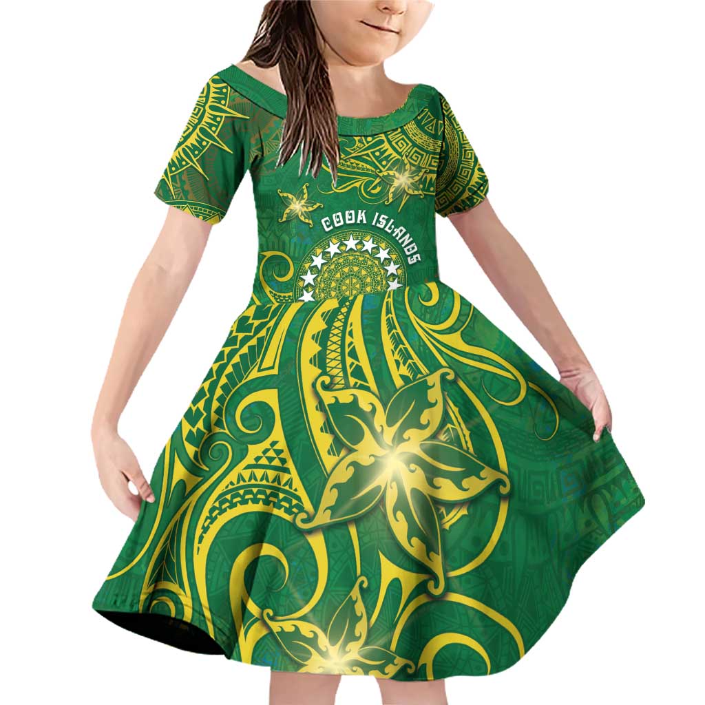 Personalised Cook Islands Family Matching Off Shoulder Short Dress and Hawaiian Shirt Hibiscus Polynesian Tribal Pattern DT05 Daughter's Dress Green - Polynesian Pride