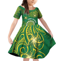 Personalised Cook Islands Family Matching Off Shoulder Short Dress and Hawaiian Shirt Hibiscus Polynesian Tribal Pattern DT05 Daughter's Dress Green - Polynesian Pride