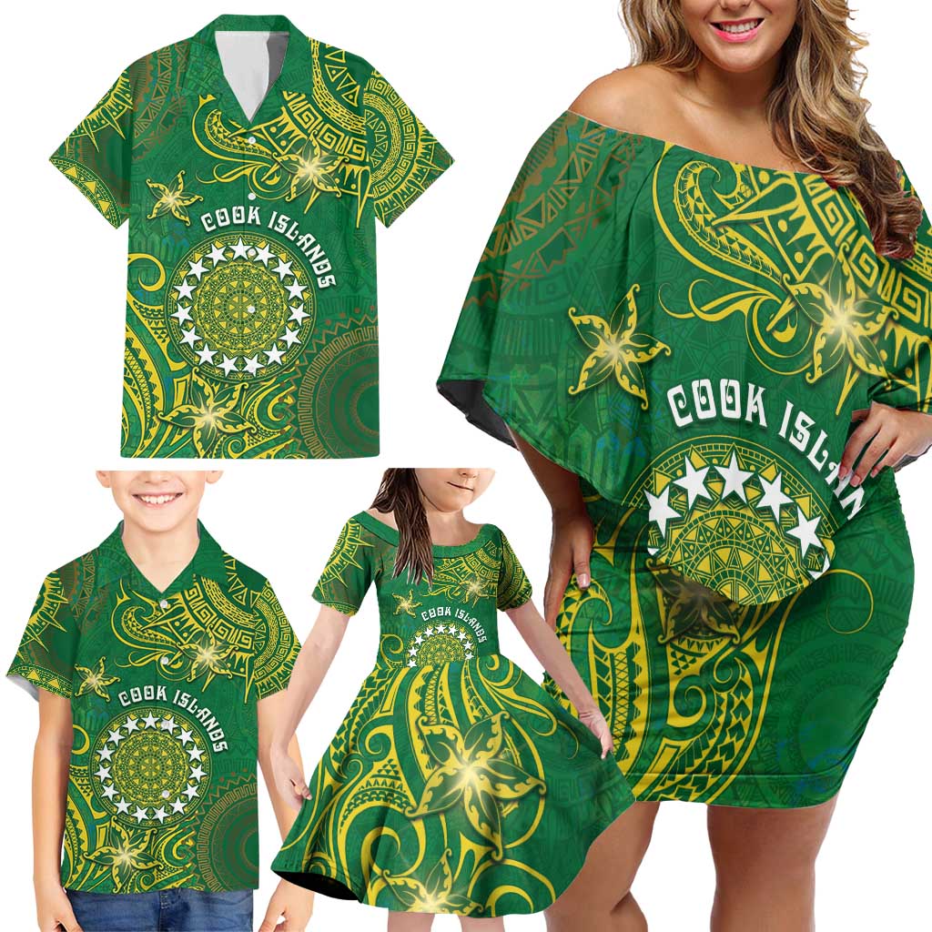Personalised Cook Islands Family Matching Off Shoulder Short Dress and Hawaiian Shirt Hibiscus Polynesian Tribal Pattern DT05 - Polynesian Pride