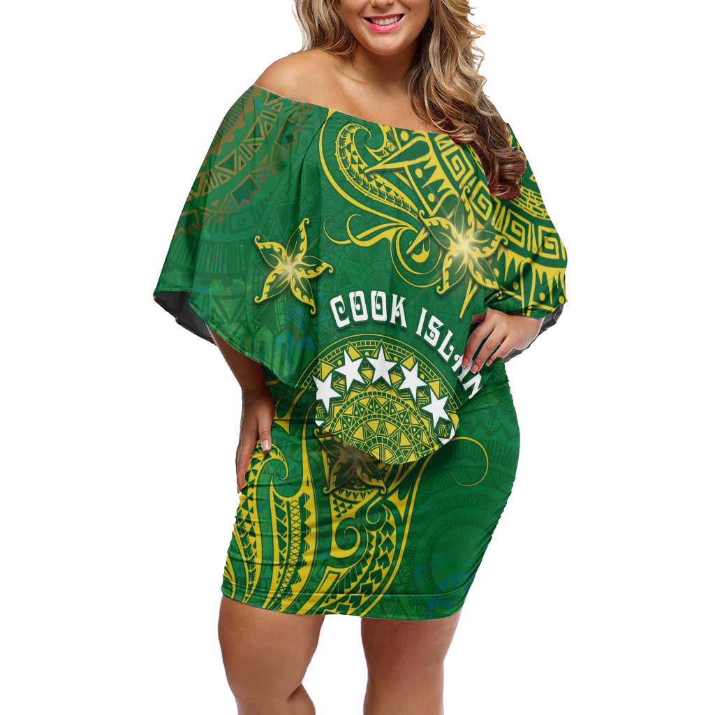 Personalised Cook Islands Family Matching Off Shoulder Short Dress and Hawaiian Shirt Hibiscus Polynesian Tribal Pattern DT05 Mom's Dress Green - Polynesian Pride